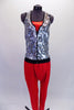 Red metallic camisole crop top sits beneath a silver sequined halter vest with zip front. Red harem hip-hop pants with scattered crystals complete the outfit. Front