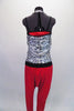 Red metallic camisole crop top sits beneath a silver sequined halter vest with zip front. Red harem hip-hop pants with scattered crystals complete the outfit. Back