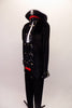 Fun, pirate-themed costume has a tunic style, long-sleeved, high collar top that zips at the back. The front has a leather-like panel as do the cuffs, with metal button accents. Black leggings complement the tunic top. A large pirate hat with skull and crossbones completes the look. Side