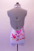 Gorgeous white short unitard with open back is covered with magnolia flowers in shades of pinks, purples and coral. Back