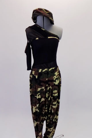 One shoulder top with mesh accents at the waist. The right shoulder is a cold shoulder single mesh sleeve. Camouflage print harem pants accompany the top which also has some camouflage accents. Comes with a camouflage newsboy hat. Front