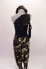 One shoulder top with mesh accents at the waist. The right shoulder is a cold shoulder single mesh sleeve. Camouflage print harem pants accompany the top which also has some camouflage accents. Comes with a camouflage newsboy hat. Back