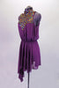 Purple lyrical dress has a jewelled front bust panel and elastic gathered waist. The knee-length skirt is longer along the right side like a sarong. The open keyhole back reveals the bandeau bra underneath. Comes with a hair accessory. Side