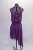 Purple lyrical dress has a jewelled front bust panel and elastic gathered waist. The knee-length skirt is longer along the right side like a sarong. The open keyhole back reveals the bandeau bra underneath. Comes with a hair accessory. Back