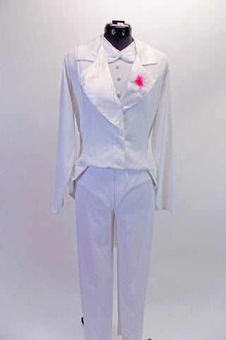 White tie and tails three-piece costume is comprised if a leotard with faux collar, bow tie and pearl buttons. it is accompanied by a pair of straight leg, white elastic waist pants and a white satin lapelled tailcoat with pink floral lapel accent. Front