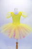 Adorable yellow pleated ballet dress has sheer pouffe sleeves and a large emoji-style happy face on the torso with a crystal-edged neckline. The tutu skirt is yellow with a layer of pale pink beneath. Comes with large yellow hair bow accessory.  Back