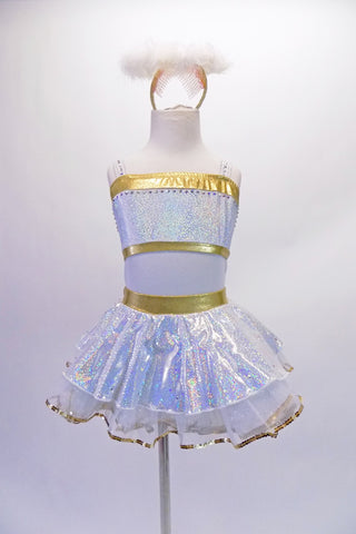 Two-piece costume has gold accents with a shimmery silver. The half top is lined along the bust and straps with crystals. The matching skirt has white tulle edged with gold sequins, beneath a shimmery silver-white, iridescent overlay and gold waistband. Comes with white marabou halo. Front