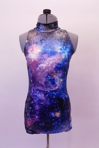 Halter style leotard with high collar and keyhole back has a galactic print with the cosmos in shades of blues and purples. Front