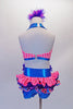 Two-piece costume comes with bright blue metallic shorts with coral check sides. The short has a 3-layered bustle of ruffles in bright colours. The halter top is coral check with floral accent, purple flower and crystal accents. Comes with a large matching hair accessory and matching gauntlets. Back