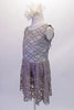 Silver lace, lined, tank-style dress has a pretty white and grey polka dot accent at the neck that extents as a sash/tie to close the keyhole opening at the base of the neck. Comes with a large white floral hair accessory. Side