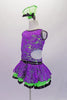 Purple lace costume has a lime green base has deep U-back. The black edging & belt are lined with crystals to make the costume pop. The cut-out side extends to an open back. The is a lime green crinoline skirt under the purple lace with black satin ribbon edge. Comes with a hair accessory. Side