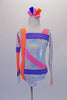 Iridescent, silver long-sleeved leotard has a futuristic overtone. Wide studded bands of blue, orange and pink cross over the shoulders, torso and sleeves in a random pattern. Crystals accent the edges of the bands. Comes with matching hair accessory. Front