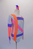 Iridescent, silver long-sleeved leotard has a futuristic overtone. Wide studded bands of blue, orange and pink cross over the shoulders, torso and sleeves in a random pattern. Crystals accent the edges of the bands. Comes with matching hair accessory. Right side
