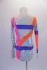 Iridescent, silver long-sleeved leotard has a futuristic overtone. Wide studded bands of blue, orange and pink cross over the shoulders, torso and sleeves in a random pattern. Crystals accent the edges of the bands. Comes with matching hair accessory. Back