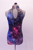 Halter style leotard with high collar and keyhole back has a galactic print with the cosmos in shades of blues and purples. Back