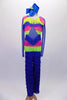 Funky full unitard is covered entirely with fringe. The pant portion is layers of royal blue fringe while the top is layers of blue pink and yellow fringe with low open back and sheer blue mesh inlay on torso and sleeves. Comes with a large blue hair accessory. Front