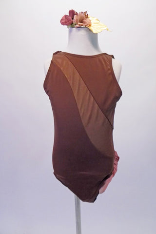 Beautifully simple brown, boatneck leotard has a lined mesh wave-shaped inlay across the torso. The low open back is adorned with a gathered chiffon sash that sweeps from the right shoulder and joins at the left hip. Front