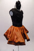 Dress has a copper satin circle skirt with an attached petticoat for volume & black mesh stiffer edge for shape. The bodice is black sequined at waist bustline & boatneck accent. The base of the bodice is black mesh to create the two-tone effect. The back snaps from neck to mid-back. Comes with matching hair accessory. Side