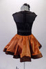 Dress has a copper satin circle skirt with an attached petticoat for volume & black mesh stiffer edge for shape. The bodice is black sequined at waist bustline & boatneck accent. The base of the bodice is black mesh to create the two-tone effect. The back snaps from neck to mid-back. Comes with matching hair accessory. Back