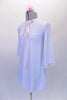 Nightgown themed costume is a white ¾ bell-sleeved tunic dress with lace trim and a pink ribbon accent extending from the front below the neck. Comes with a pink hair accessory. Side