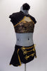 2-piece costume has a Michael Jackson flare. The gold & black sweetheart cut half top has an attached shrug like shoulder & neck in black with gold trim & crystal accents. The bottom is a brief with open front bustle. The brief has gold braided frog closure appliques & crystals. Comes with a floral hair accessory. Side