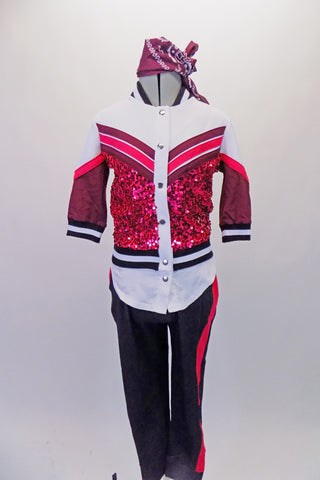 Funky two-piece hip-hop costume has a snap front white base jacket with pink sequined back & sides. The sleeves & torso have colourful banding accents in pink & purple. A faux white shirt peeks out from below the jacket. The accompanying pant is black with pink side stripe. Comes with purple bandanna accessory. Front