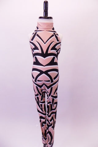 High collar, full unitard with open back is covered with a series of geometric design resembling war paint in shades of black and white on a nude base. Front
