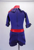Sweet royal blue short jumpsuit has zip-up back, cuffed ¾ sleeves and lapelled collar accented with crystals. Three large white buttons accent the front of the torso and a crystalled red belt-like waistband gives the costume a pop of colour. Comes with a matching red and white polka dot neck scarf. Back