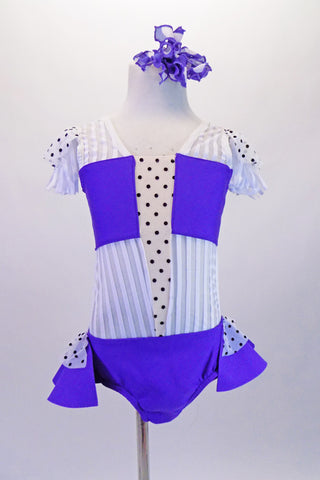 White tone-on-tone stripe leotard with pouffe sleeves has a periwinkle brief, bustle & bandeau bust. A black & white polka dot mesh inlay accents the deep centre V of the centre of the torso, back & matches the ruffles on shoulders & ruffle of bustle skirt. Comes with a matching polka dot hair accessory. Front