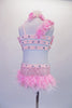 Pink 2-piece costume has a sequined, front gathered bra top. The halter collar & back straps have a 3-D satin-organza rose-ribbon trim. The 3 back straps are covered with large jewel accents. The brief has ostrich feather skirt, jewelled waistband &  floral accent at the hip. Comes with a pink hair accessory. Back