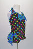 Cute colourful, short halter unitard has rainbow polka dots on a black base. Green and blue stripe triple ruffle creates an open front bustle and matches the crystalled banding and large bows at bust and back of the neck. Comes with a hair accessory. Side