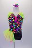 Bright and cheery short tank style unitard has a black bottom and a top with colourful bubble pattern. The bust is gathered and pinched with a bright pink band and the shoulders are neon green. The right hip is adorned with a neon green and pink tulle side bustle. Comes with a bubble hair accessory. Front