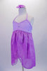 Lilac 2-piece costume is comprised of a delicate lace bust halter neck dress with crystal accents at banding and bust. The soft chiffon double layer skirt is split down the front centre to reveal the matching lilac shorts with a lace waistband. Comes with a lilac floral hair accessory. Side