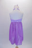 Lilac 2-piece costume is comprised of a delicate lace bust halter neck dress with crystal accents at banding and bust. The soft chiffon double layer skirt is split down the front centre to reveal the matching lilac shorts with a lace waistband. Comes with a lilac floral hair accessory. Back