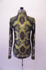 High collared, long-sleeved leotard is a full snakeskin pattern with very realistic scales in shades of olive and black. Front