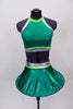 Bright emerald green metallic two piece has a hooped futuristic skirt with silve r& lime green waistband. The halter style top has crystals & matching accents. Front