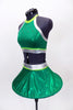 Bright emerald green metallic two piece has a hooped futuristic skirt with silve r& lime green waistband. The halter style top has crystals & matching accents. Side