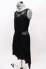 Black high-low layered chiffon dress has lace upper bodice and side inserts. Back is lace and lycra for additional stretch. Comes with floral hair accessory. Side