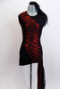 Black and red shiny zebra pattern halter neck unitard has one full leg with black mesh inserts. Comes with mesh thigh-high stocking & black mesh hair tie. Front