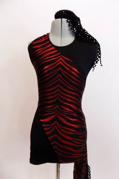 Black and red shiny zebra pattern halter neck unitard has one full leg with black mesh inserts. Comes with mesh thigh-high stocking & black mesh hair tie. Front zoom