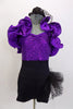 Black and purple sequined short unitard has black dotted tulle hip bustle and removable purple ruffled wrap shrug. Comes with black mini top-hat accessory with dotted mesh veil. Front