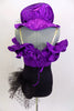 Black and purple sequined short unitard has black dotted tulle hip bustle and removable purple ruffled wrap shrug. Comes with black mini top-hat accessory with dotted mesh veil. Back