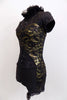 Black sequined lace short unitard has gold underlay and lace accents on leg . Ruffled halter neck reveals an open back. Comes with matching hair accessory. Side