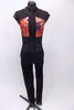 Black unitard has front zipper with red graffiti print inserts at front & sides. Waist & legs have black mesh inserts. Comes with crystal hair accessory. Front 