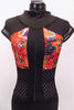 Black unitard has front zipper with red graffiti print inserts at front & sides. Waist & legs have black mesh inserts. Comes with crystal hair accessory. Front zoom