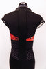 Black unitard has front zipper with red graffiti print inserts at front & sides. Waist & legs have black mesh inserts. Comes with crystal hair accessory. Back zoom