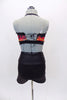 Red graffiti, brick patterned, halter half-top, has corset back & matching quilted, leather-like, high-waisted shorts. Comes with matching crystal hair piece. Back