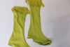 Avocado Green fringe flapper style dress has sequined bodice & matching headband with large ostrich feather. The outfit comes with matching fringed go-go boots. Boots zoom