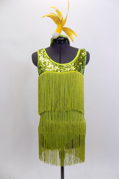 Avocado Green fringe flapper style dress has sequined bodice & matching headband with large ostrich feather. The outfit comes with matching fringed go-go boots. Front