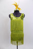 Avocado Green fringe flapper style dress has sequined bodice & matching headband with large ostrich feather. The outfit comes with matching fringed go-go boots. Front